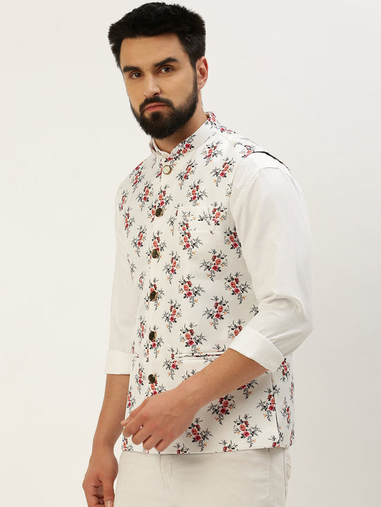 Men Mandarin Collar Printed White Nehru Jacket-GEW-PR-318-White