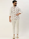 Men Mandarin Collar Printed White Nehru Jacket-GEW-PR-318-White