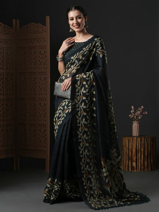 Saree Mall Women's Cotton Slub Dark Green Printed Designer Saree With Blouse Piece-GRNS21C