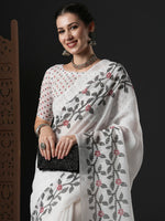 Saree Mall Women's Cotton Slub White Printed Designer Saree With Blouse Piece-GRNS25C