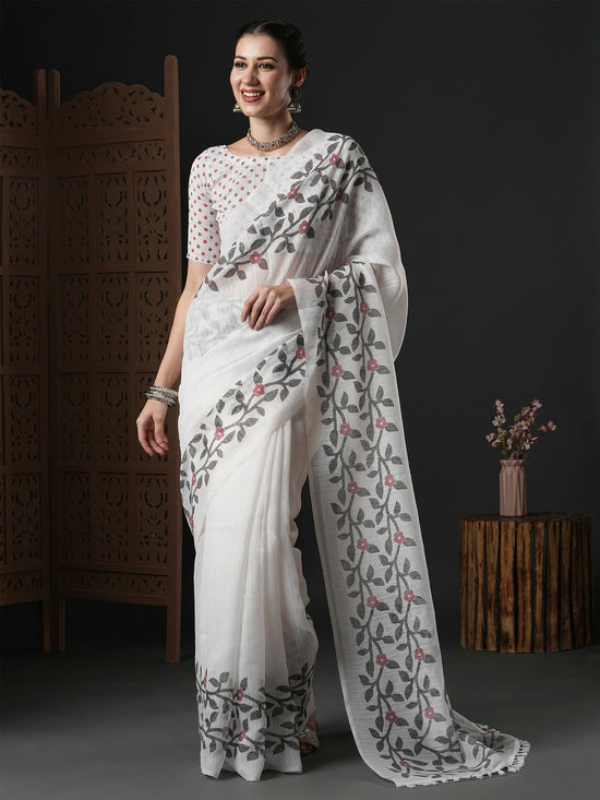 Saree Mall Women's Cotton Slub White Printed Designer Saree With Blouse Piece-GRNS25C