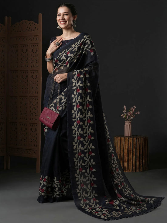 Saree Mall Women's Cotton Slub Black Printed Designer Saree With Blouse Piece-GRNS25D