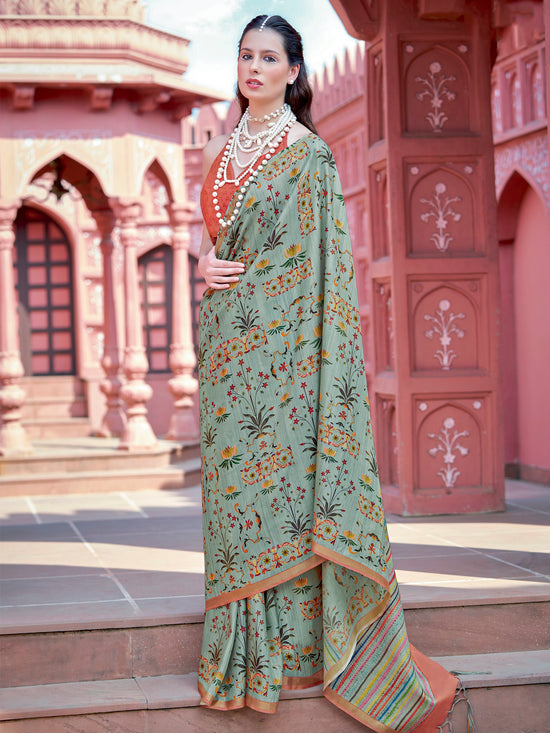 Saree Mall Women's Banarasi  Sea Green Printed Designer Saree With Blouse Piece-GRUHAM205