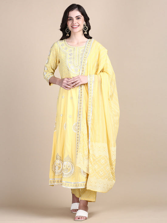 Women Ethnic Motifs Yellow Anarkali Kurta Set with Dupatta and Potli Bag-GW-3162-Yellow