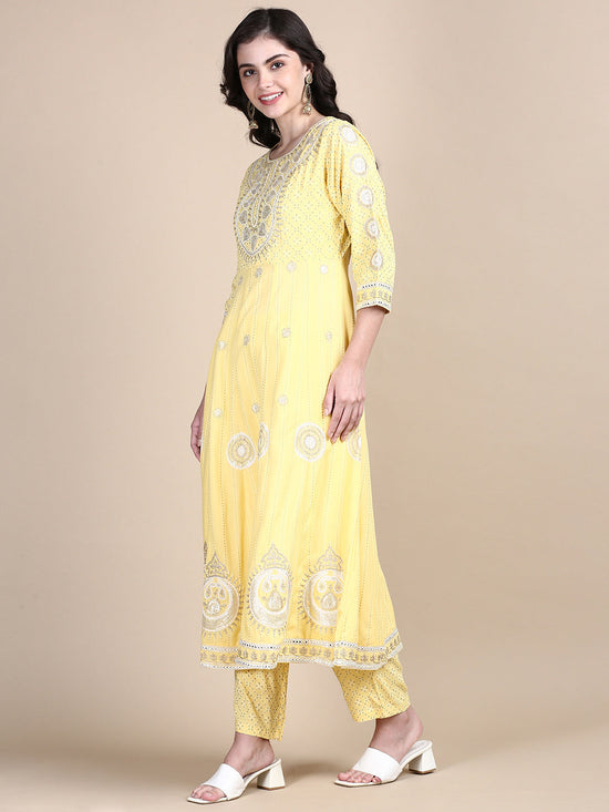 Women Ethnic Motifs Yellow Anarkali Kurta Set with Dupatta and Potli Bag-GW-3162-Yellow