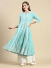 Women Floral Turquoise Blue Anarkali Kurta Set with Dupatta-GW-3228-Turquoiseblue