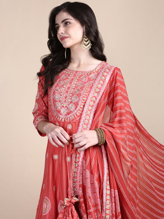 Women Ethnic Motifs Coral Anarkali Kurta Set with Dupatta and Potli Bag-GW-3263-Coral