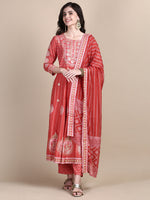 Women Ethnic Motifs Coral Anarkali Kurta Set with Dupatta and Potli Bag-GW-3263-Coral