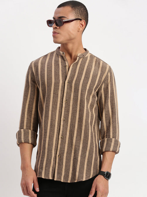 Men Mandarin Collar Vertical Stripes Brown Shirt-George-2517-Brown