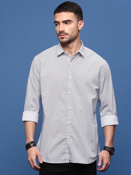 Men White Graphic Slim Fit Shirt-Gideon-3285-White