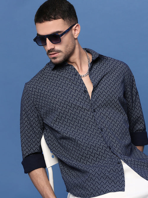 Men Navy Blue Geometric Slim Fit Shirt-Gideon-3293-Navyblue