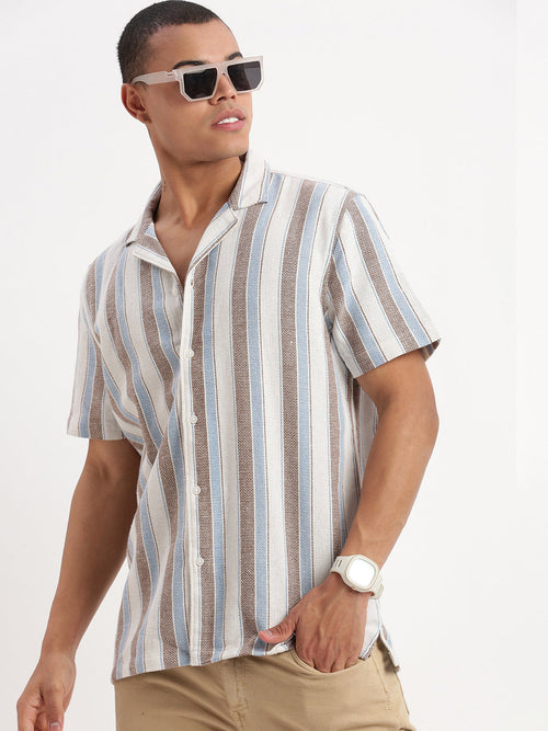 Men Cuban Collar Vertical Stripes White Shirt-Glen-2464-White