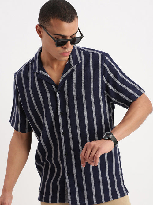 Men Cuban Collar Vertical Stripes Navy Blue Shirt-Glen-2479-Navyblue