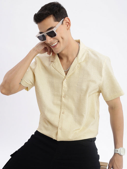 Men Cuban Collar Solid Relaxed Fit Yellow Shirt-Grace-2827-Yellow