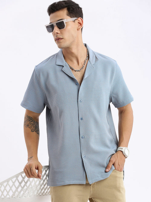 Men Cuban Collar Solid Relaxed Fit Blue Shirt-Grace-2832-Blue