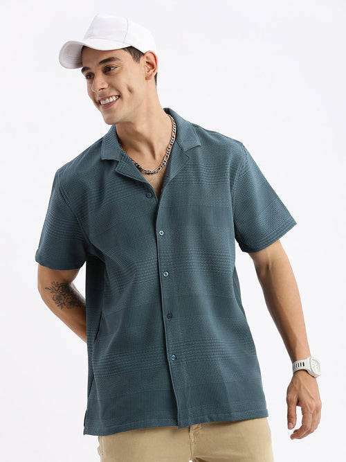 Men Cuban Collar Solid Relaxed Fit Teal Shirt-Grace-2835-Teal