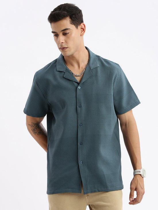 Men Cuban Collar Solid Relaxed Fit Teal Shirt-Grace-2835-Teal