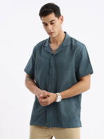 Men Cuban Collar Solid Relaxed Fit Teal Shirt-Grace-2835-Teal