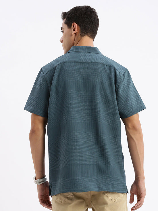 Men Cuban Collar Solid Relaxed Fit Teal Shirt-Grace-2835-Teal