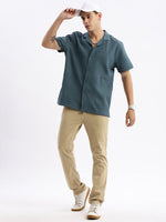 Men Cuban Collar Solid Relaxed Fit Teal Shirt-Grace-2835-Teal