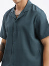 Men Cuban Collar Solid Relaxed Fit Teal Shirt-Grace-2835-Teal