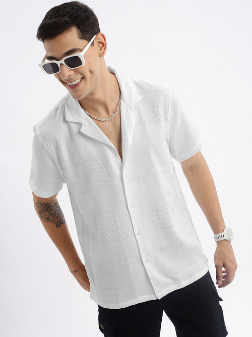 Men Cuban Collar Solid Relaxed Fit White Shirt-Grace-2836-White