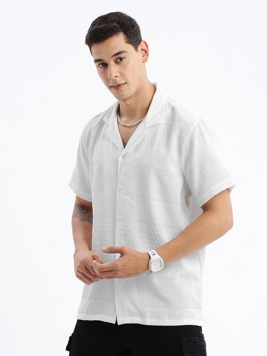 Men Cuban Collar Solid Relaxed Fit White Shirt-Grace-2836-White