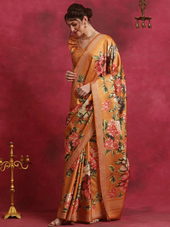 Saree Mall Women's Cotton Blend Mustard Printed Designer Saree With Blouse Piece-HIBRO101C