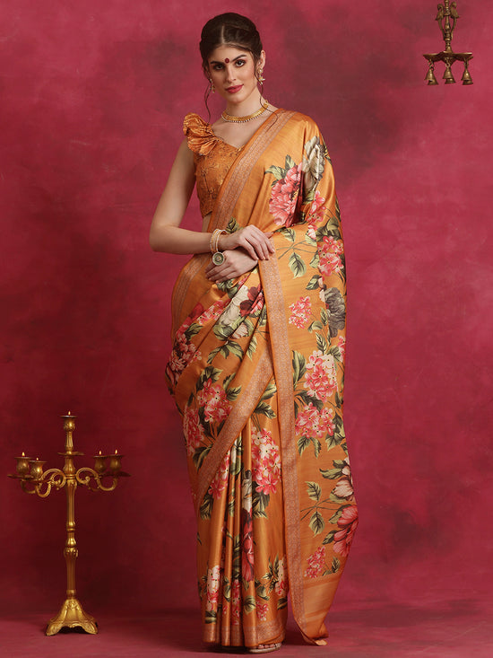 Saree Mall Women's Cotton Blend Mustard Printed Designer Saree With Blouse Piece-HIBRO101C