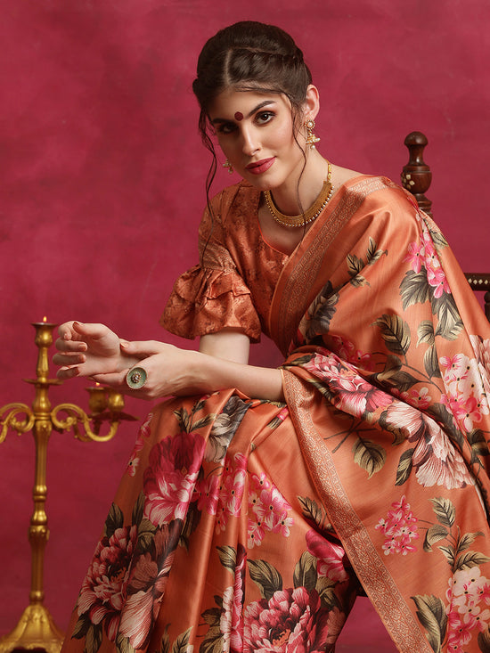 Saree Mall Women's Cotton Blend Orange Printed Designer Saree With Blouse Piece-HIBRO101D