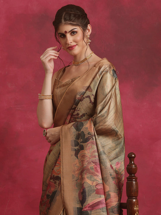 Saree Mall Women's Cotton Blend Brown Printed Designer Saree With Blouse Piece-HIBRO102C