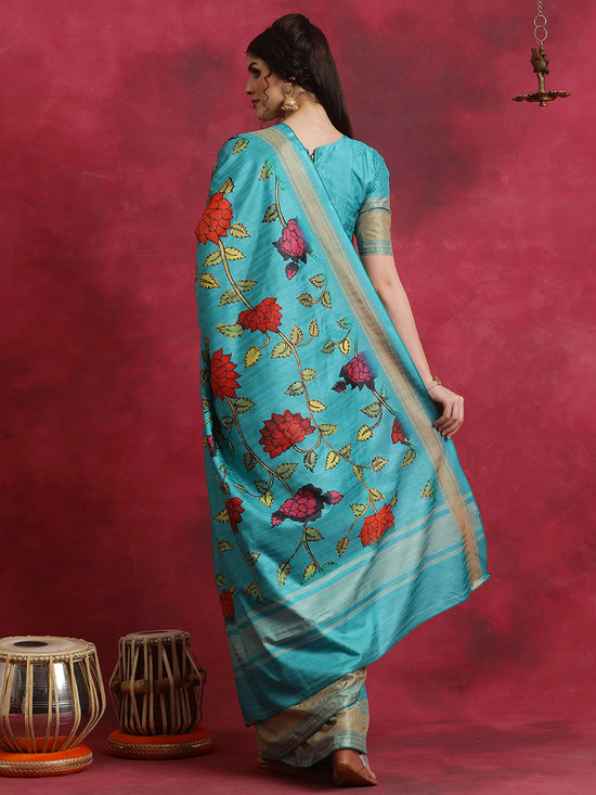 Saree Mall Women's Cotton Blend Blue Printed Designer Saree With Blouse Piece-HIBRO103A