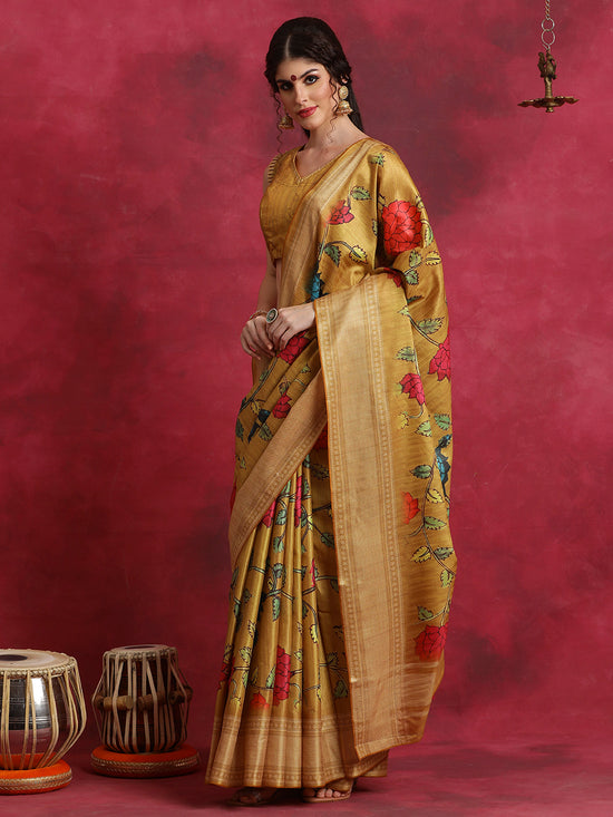 Saree Mall Women's Cotton Blend Mustard Printed Designer Saree With Blouse Piece-HIBRO103D