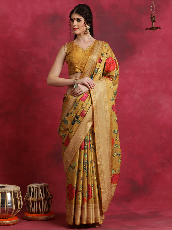 Saree Mall Women's Cotton Blend Mustard Printed Designer Saree With Blouse Piece-HIBRO103D