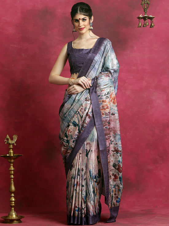 Saree Mall Women's Cotton Blend Violet Printed Designer Saree With Blouse Piece-HIBRO104A