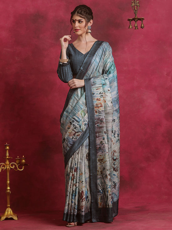 Saree Mall Women's Cotton Blend Grey Printed Designer Saree With Blouse Piece-HIBRO104D