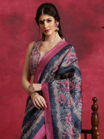 Saree Mall Women's Cotton Blend Navy Blue Printed Designer Saree With Blouse Piece-HIBRO106C