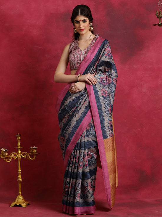 Saree Mall Women's Cotton Blend Navy Blue Printed Designer Saree With Blouse Piece-HIBRO106C