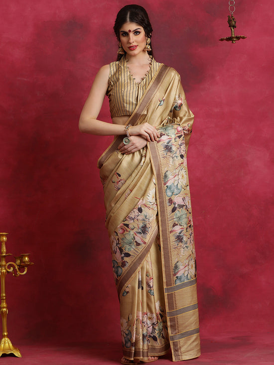 Saree Mall Women's Cotton Blend Beige Printed Designer Saree With Blouse Piece-HIBRO107A