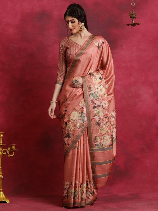 Saree Mall Women's Cotton Blend Peach Printed Designer Saree With Blouse Piece-HIBRO107B