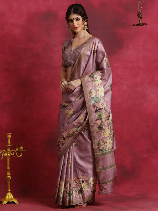 Saree Mall Women's Cotton Blend Mauve Printed Designer Saree With Blouse Piece-HIBRO107C