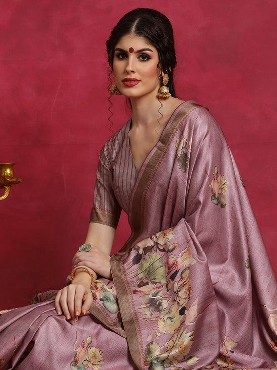 Saree Mall Women's Cotton Blend Mauve Printed Designer Saree With Blouse Piece-HIBRO107C