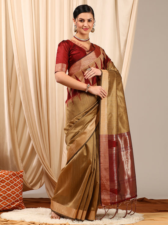 Saree Mall Women's  Cotton Beige Woven Design Designer Saree With Blouse Piece-HNDS755