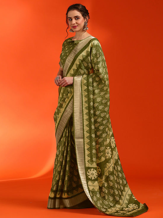 Saree Mall Women's Cotton  Olive Printed Designer Saree With Blouse Piece-HOLAND07A