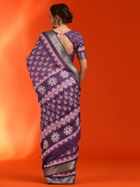 Saree Mall Women's Cotton  Violet Printed Designer Saree With Blouse Piece-HOLAND07B