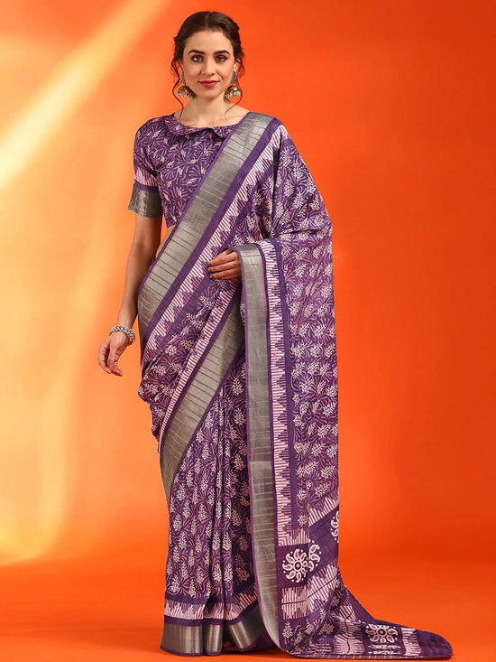 Saree Mall Women's Cotton  Violet Printed Designer Saree With Blouse Piece-HOLAND07B