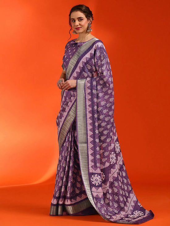 Saree Mall Women's Cotton  Violet Printed Designer Saree With Blouse Piece-HOLAND07B