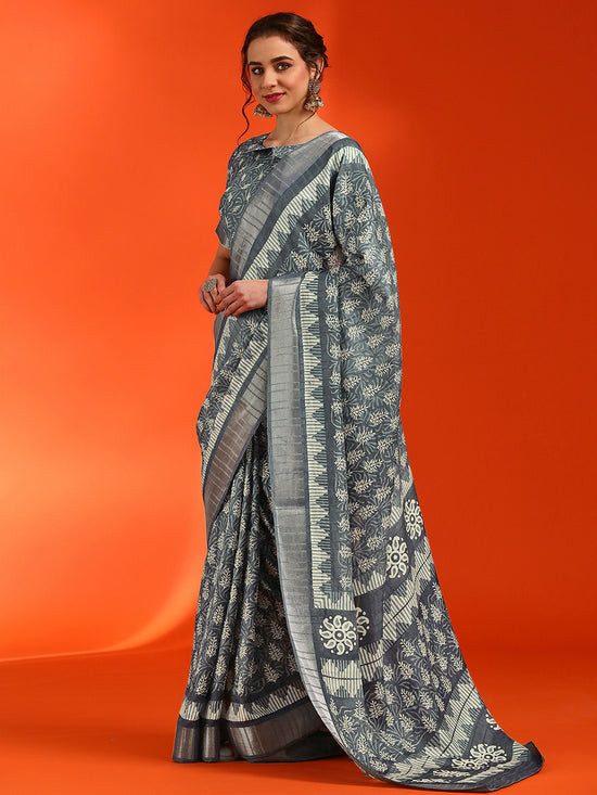 Saree Mall Women's Cotton  Grey Printed Designer Saree With Blouse Piece-HOLAND07C