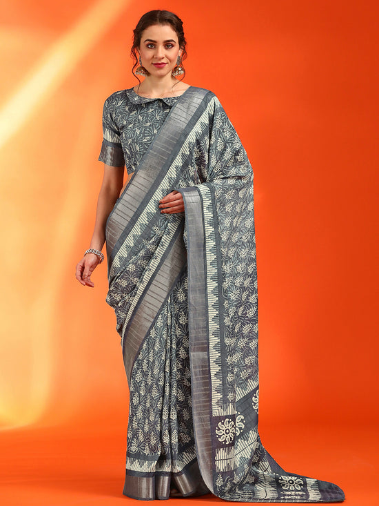 Saree Mall Women's Cotton  Grey Printed Designer Saree With Blouse Piece-HOLAND07C