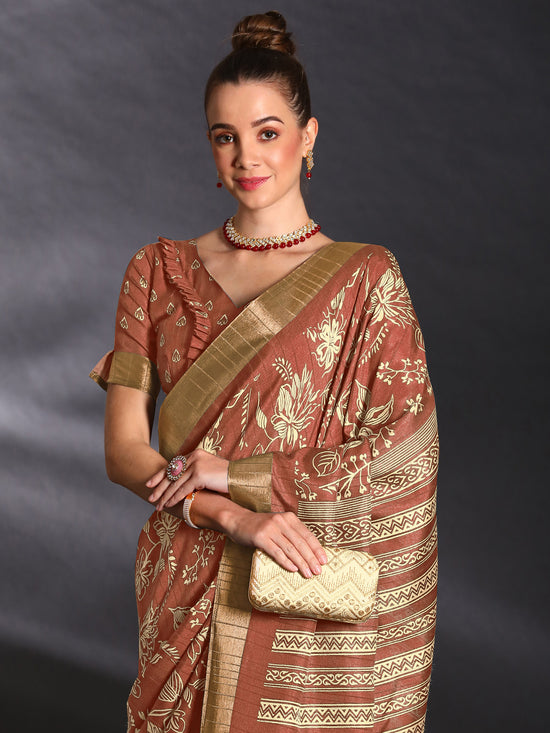 Saree Mall Women's  Blend Brown Printed Designer Saree With Blouse Piece-HOLAND27G